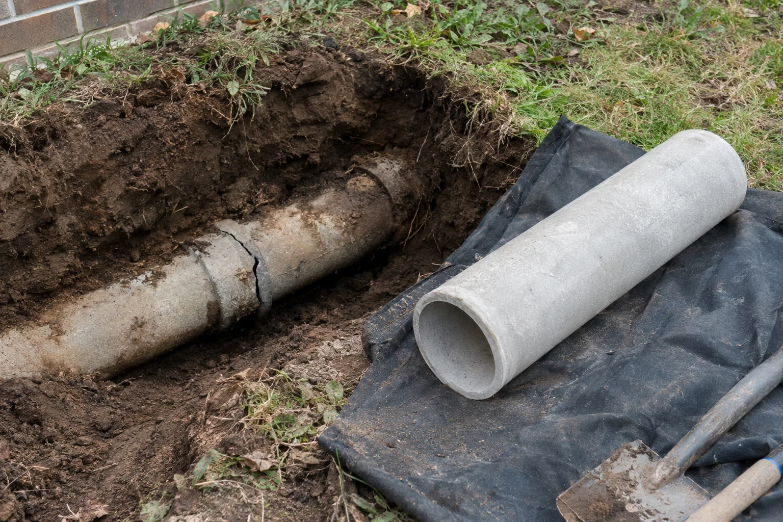 Cracked drain pipe exposed beside a replacement section.