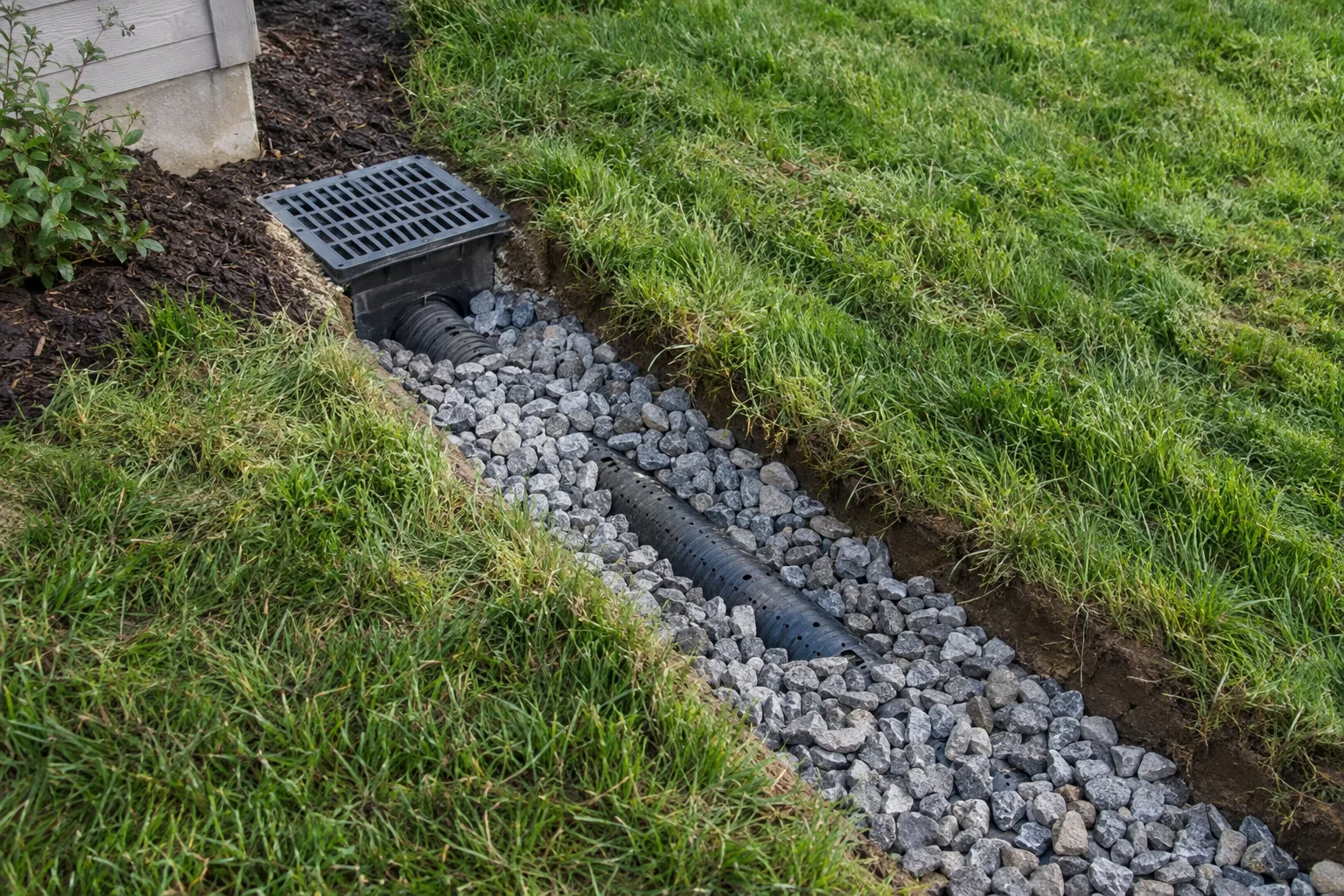 Gravel drainage trench and catch basin beside graded lawn.