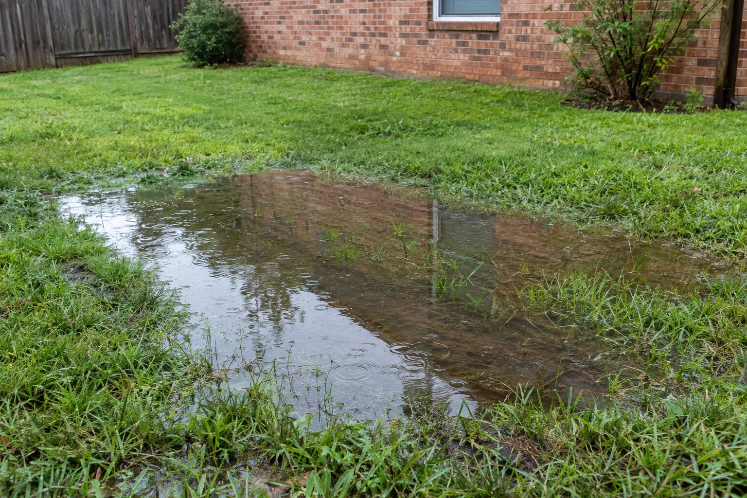 Standing rainwater collected in a low area of a lawn.